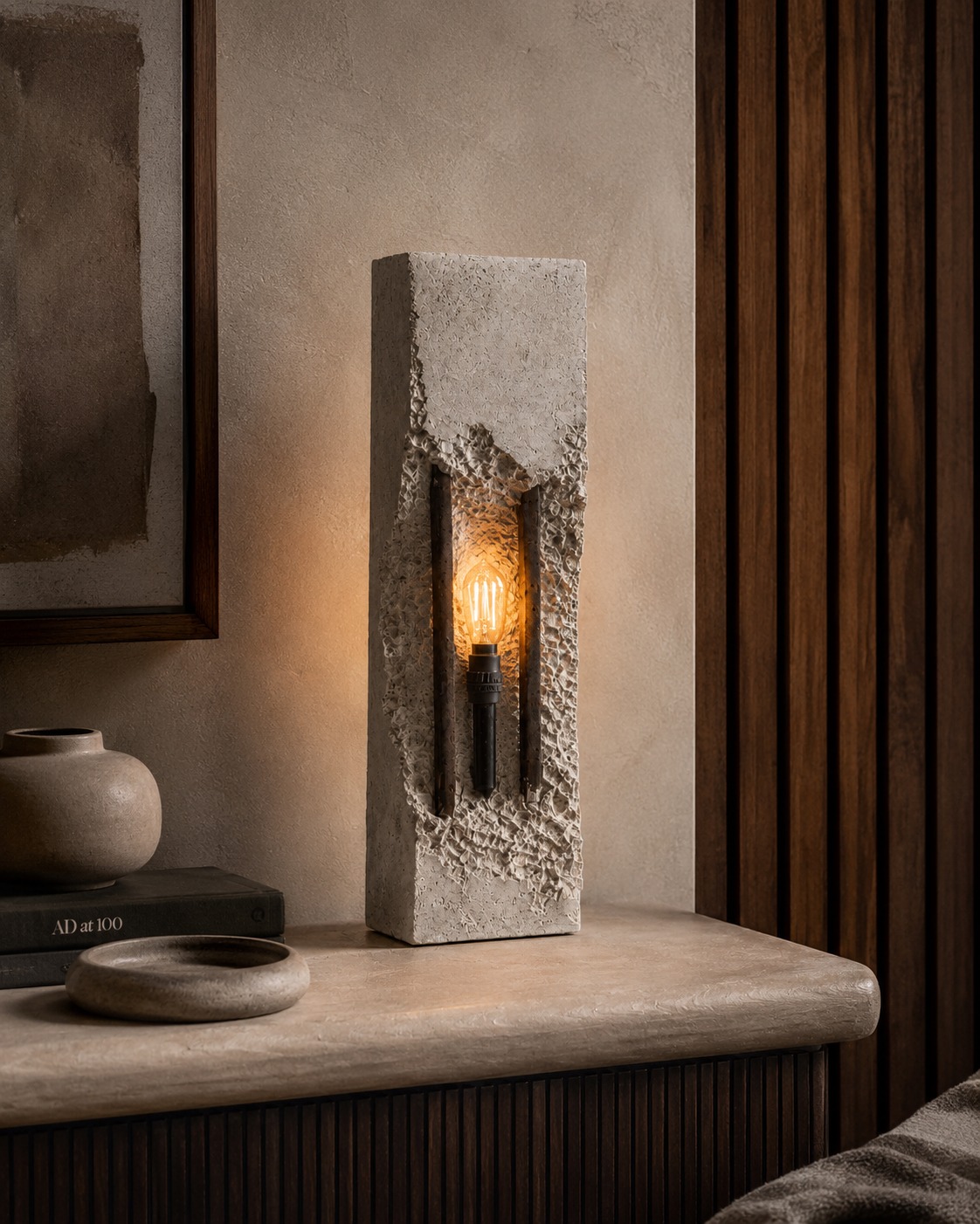 Concrete light in a high-end home showing rough handmade concrete texture