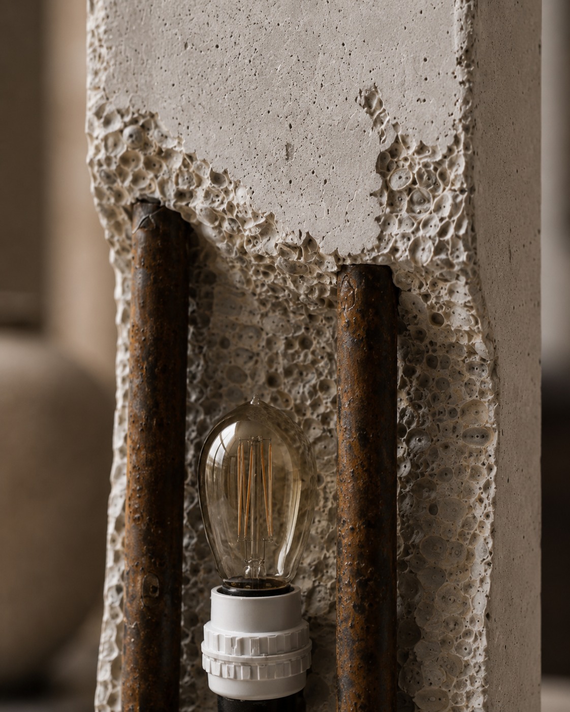 Macro close-up of handmade concrete texture and bulb detail